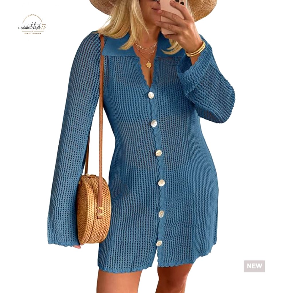 Large Crochet Button Down Long Sleeve Mini Dress Beach Cover Up